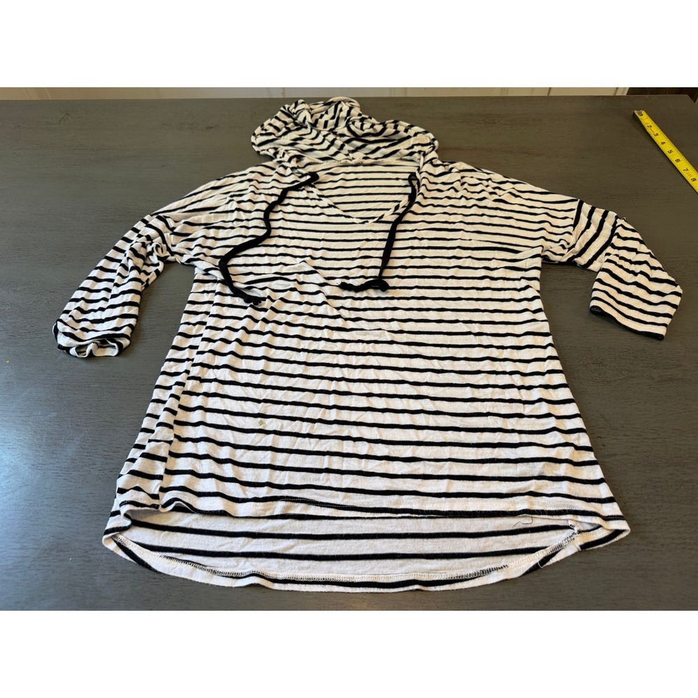 Nabee Striped Hooded Top Black White V-Neck 3/4 Sleeve Rayon Spandex Medium